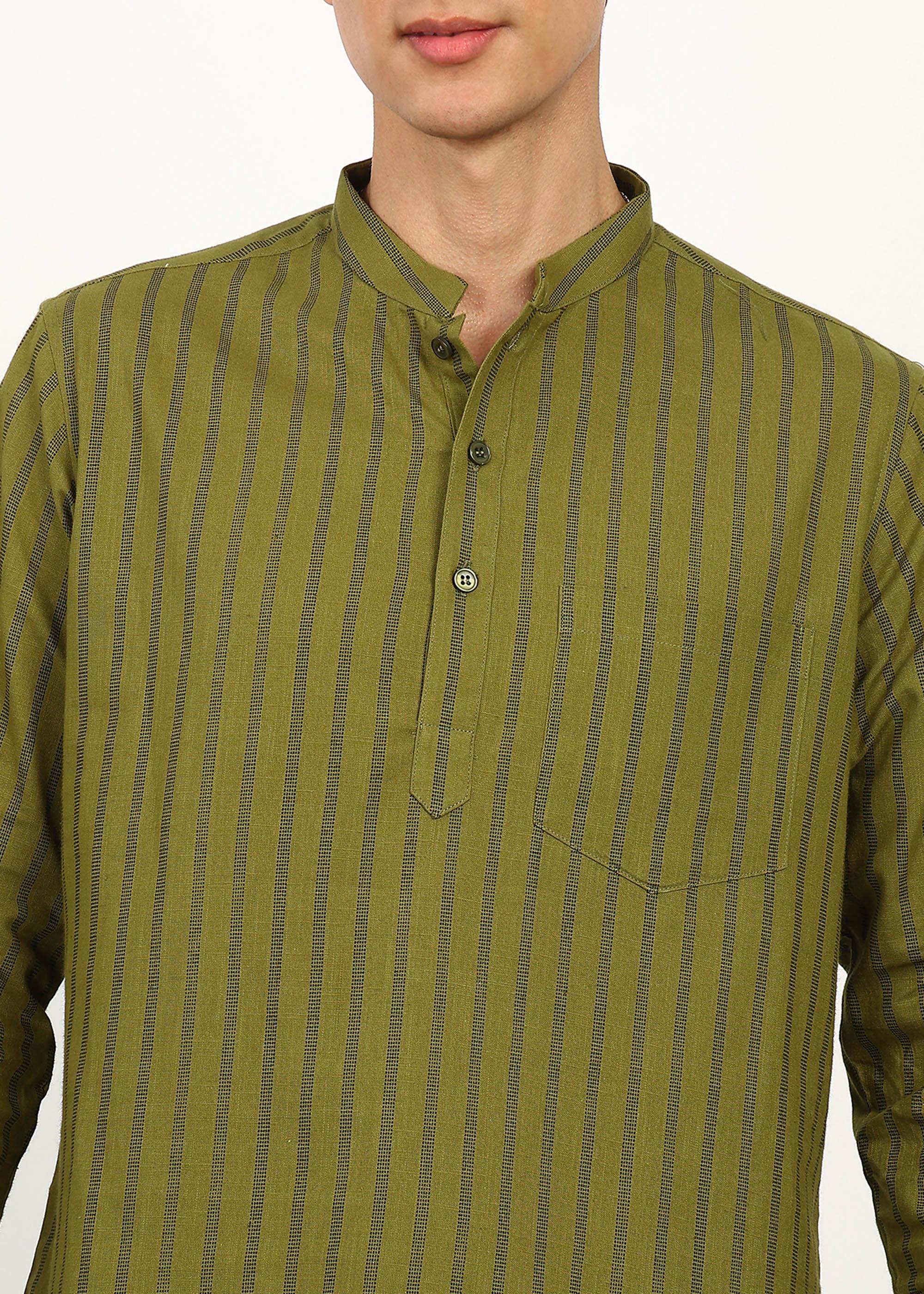Fabmade Olive Stripe Linen Kurta | Grocsy