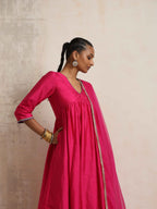 trueBrowns Pink Silk Anarkali Kurta Pant Dupatta Set | Grocsy