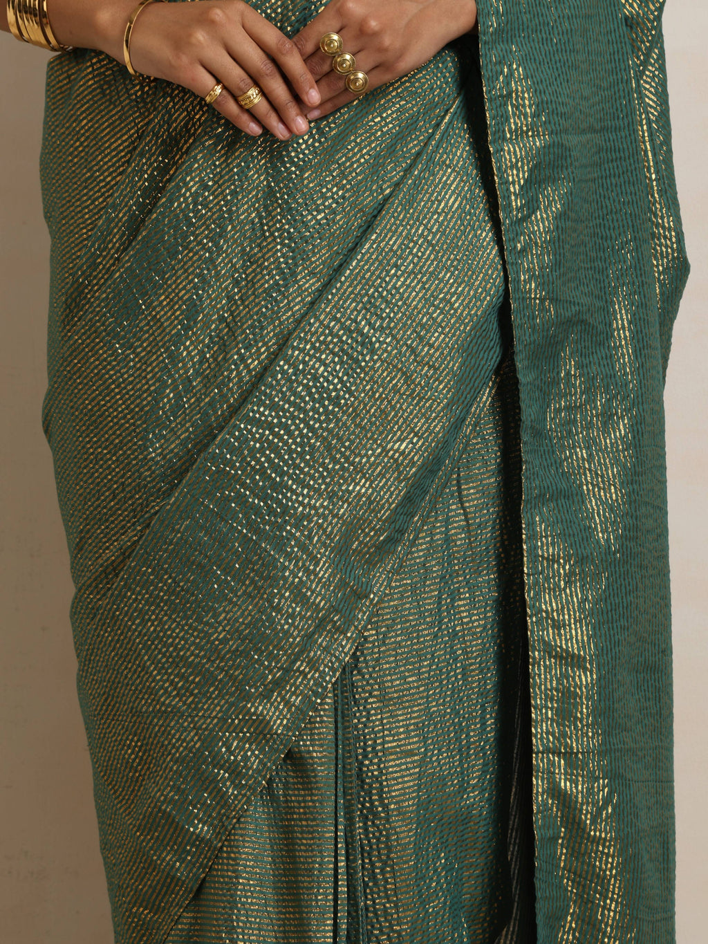 trueBrowns Dark Green Gold Metallic Ready To Wear Saree | Grocsy