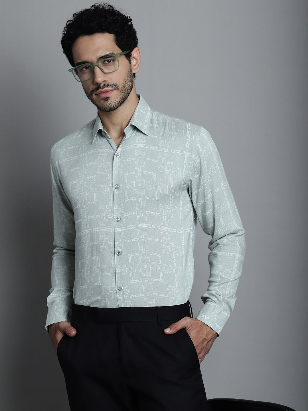 Jainish Men's Geomatric Printed Formal Shirts - Pista | Grocsy