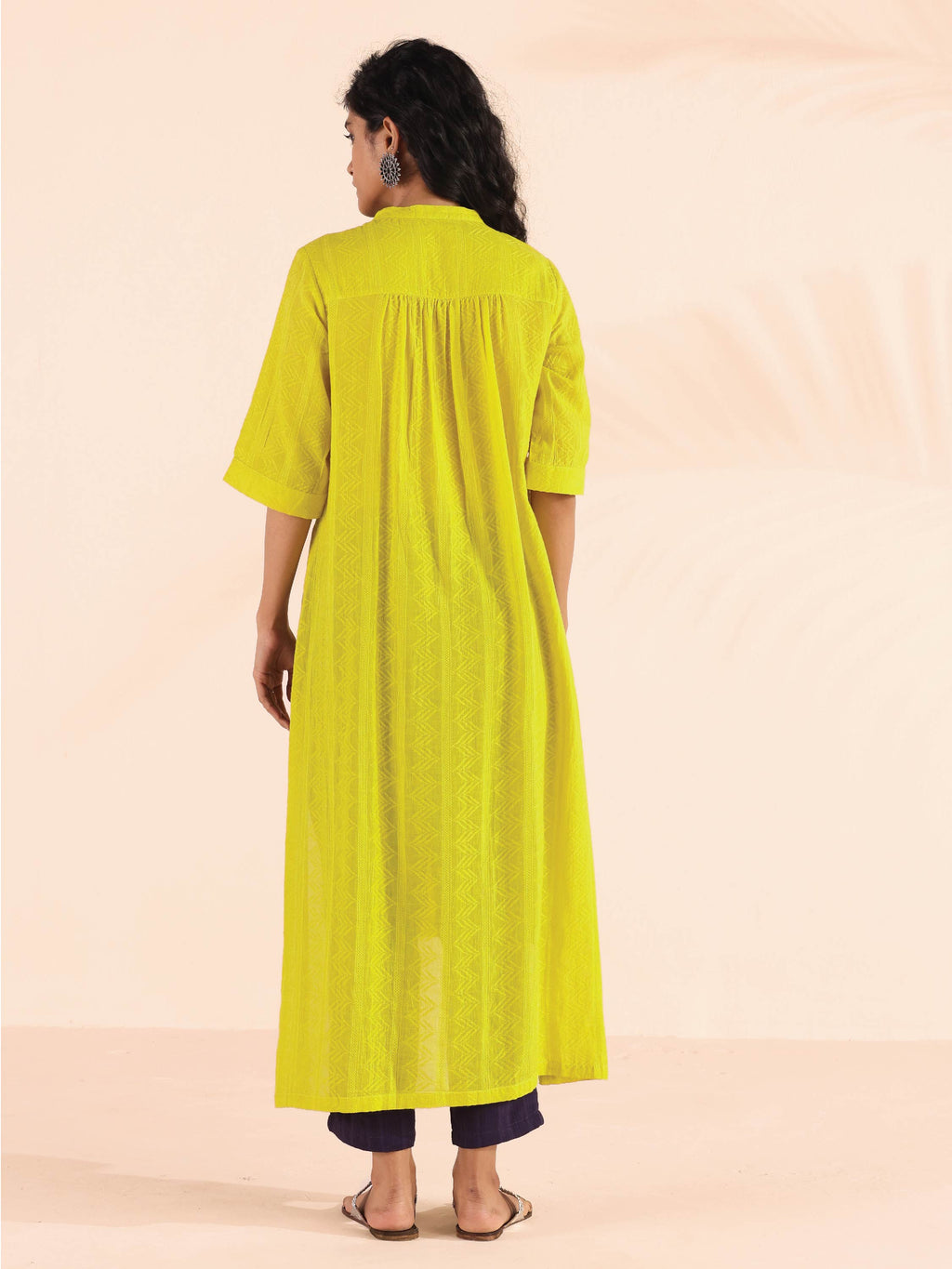 trueBrowns Lime Cotton Dobby High-Low Kurta Pant Set | Grocsy