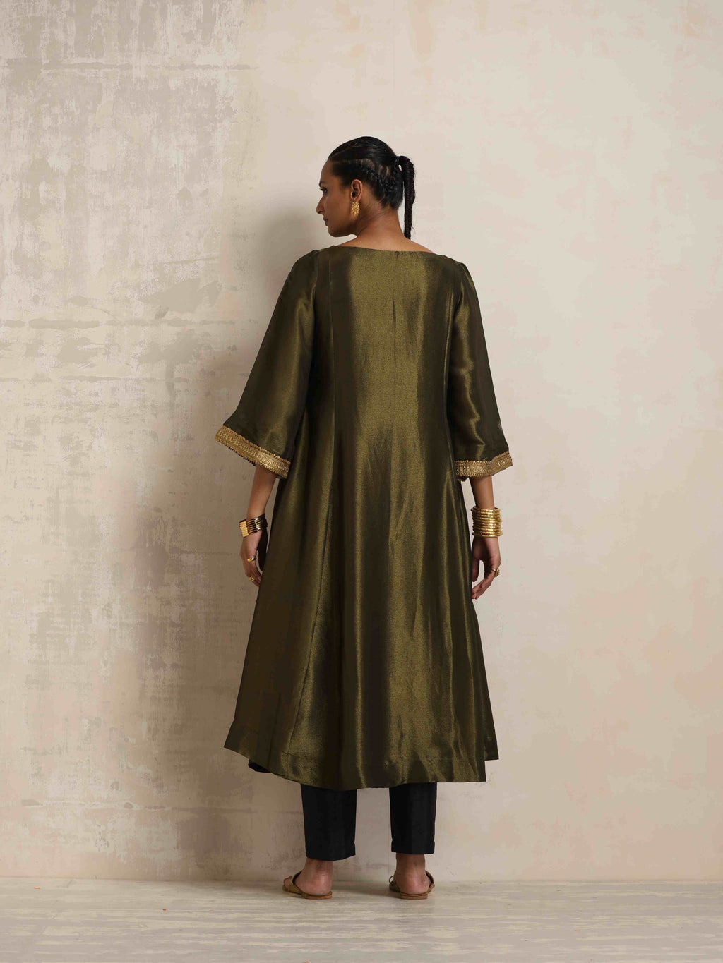 trueBrowns Olive Green Tissue Flared Anarkali Kurta Set | Grocsy