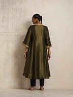 trueBrowns Olive Green Tissue Flared Anarkali Kurta Set | Grocsy