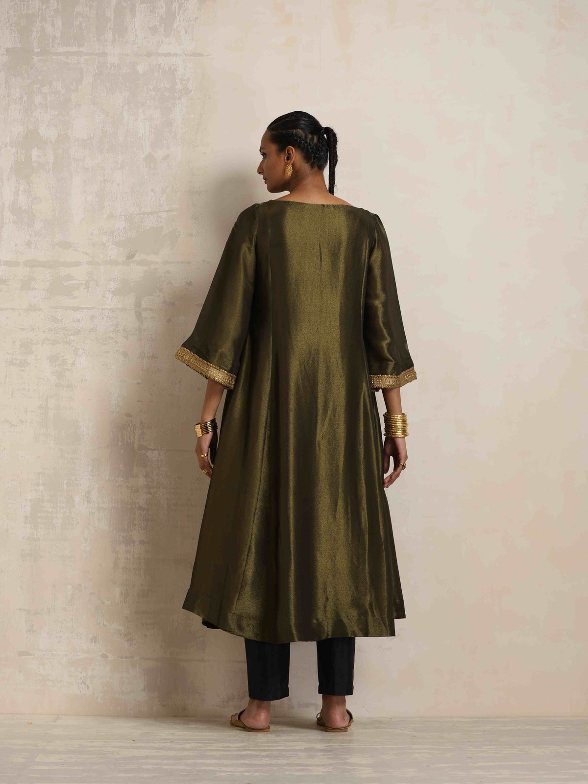 trueBrowns Olive Green Tissue Flared Anarkali Kurta Set | Grocsy
