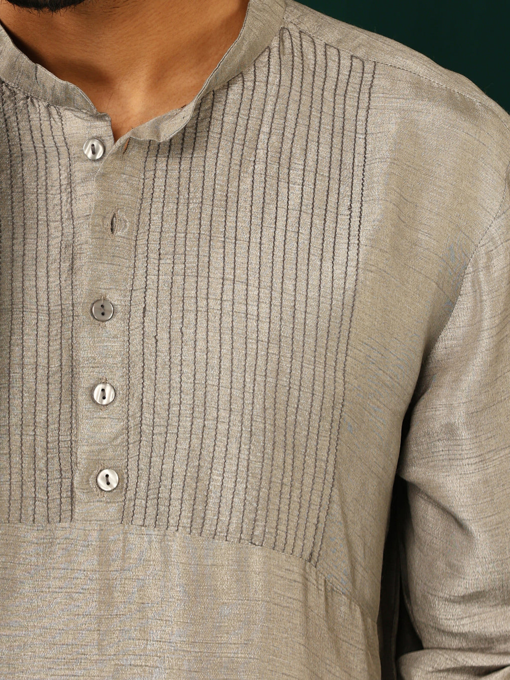 trueBrowns Men's Grey Silk Co-ord Set Yoke Detail | Grocsy