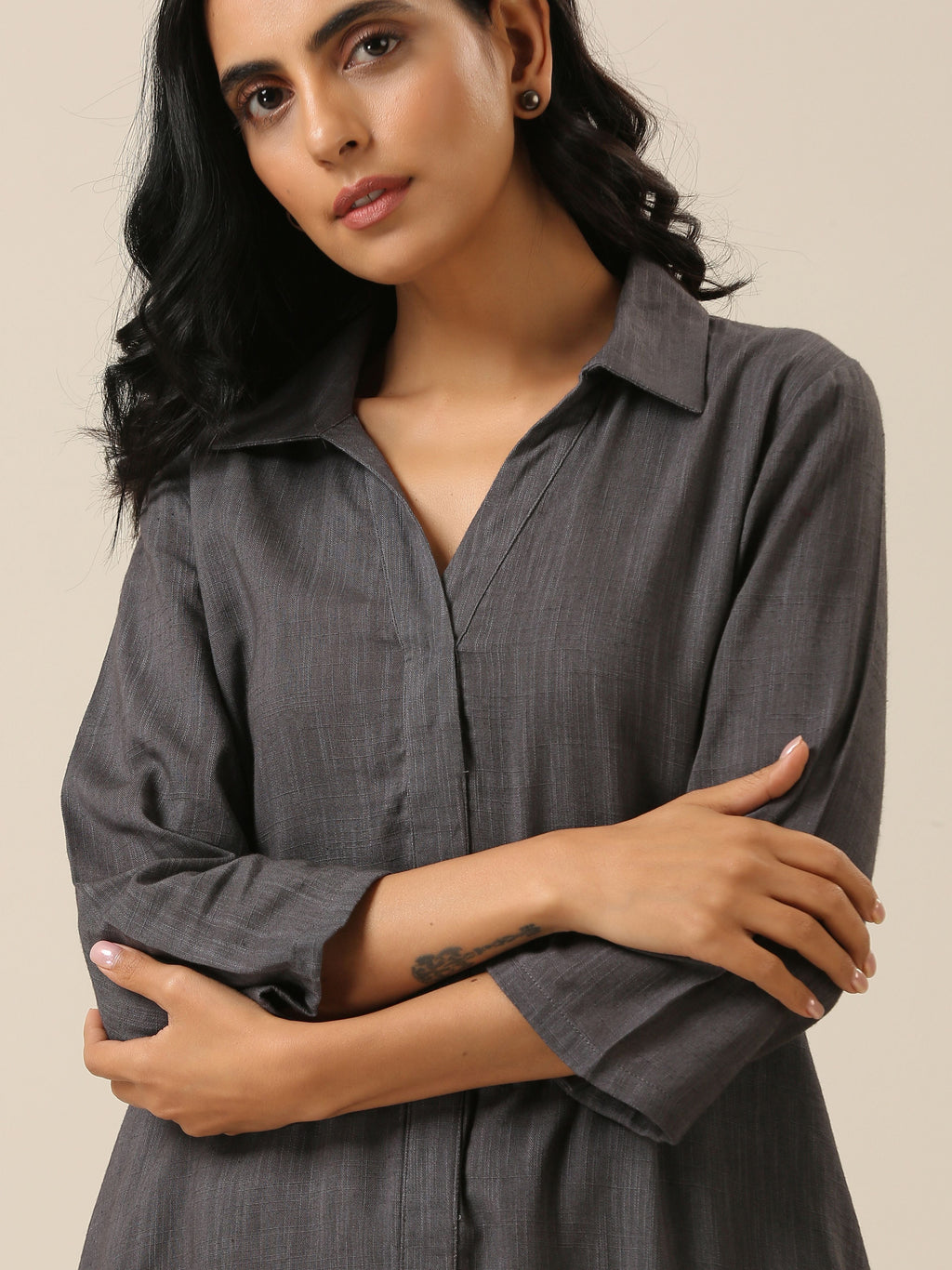 trueBrowns Slate Grey Slub Texture Collar Short Co-Ord Set | Grocsy