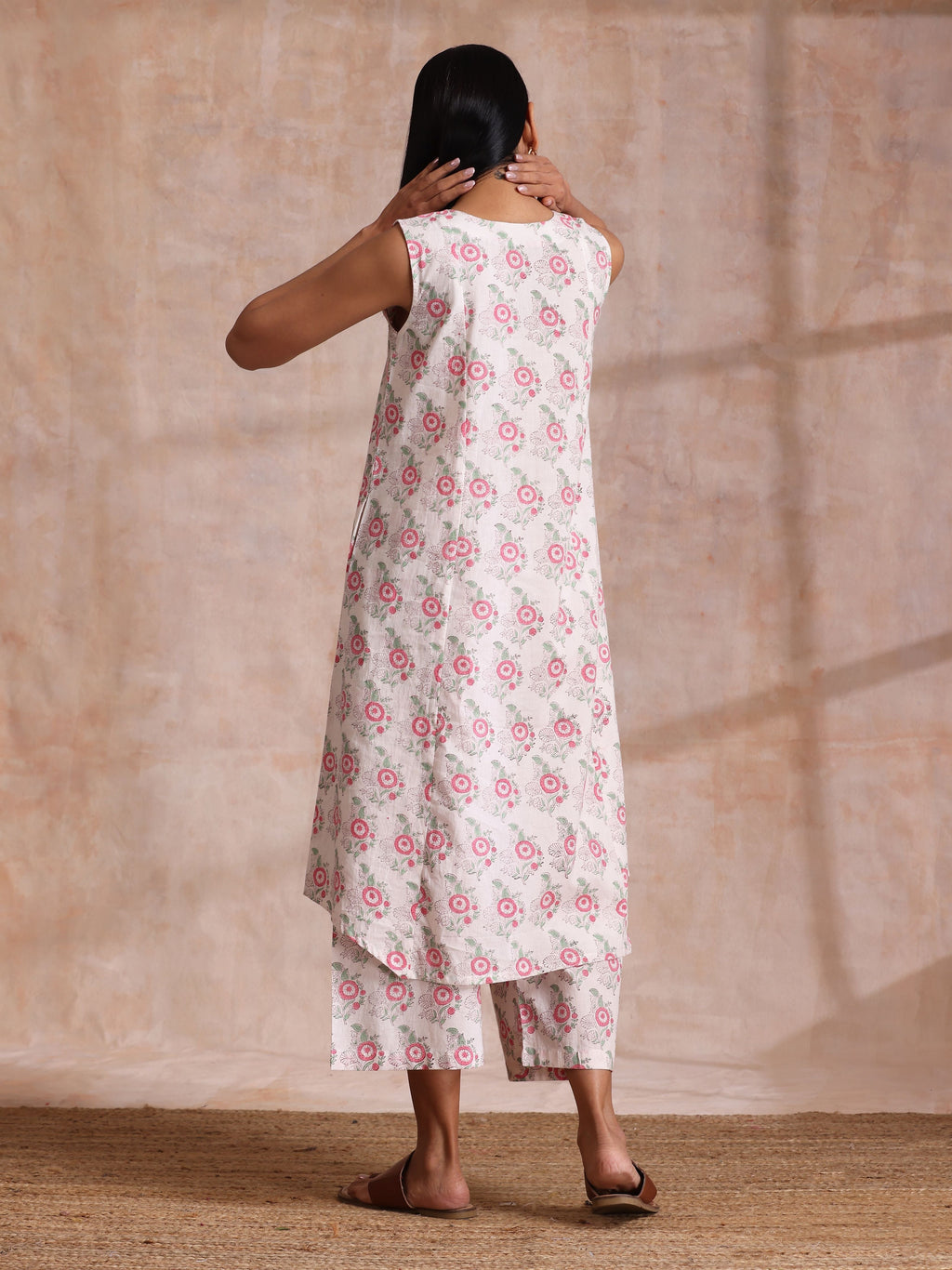 trueBrowns Pink Green Buta On White Block Print Cotton High-Low Co-Ord Set | Grocsy