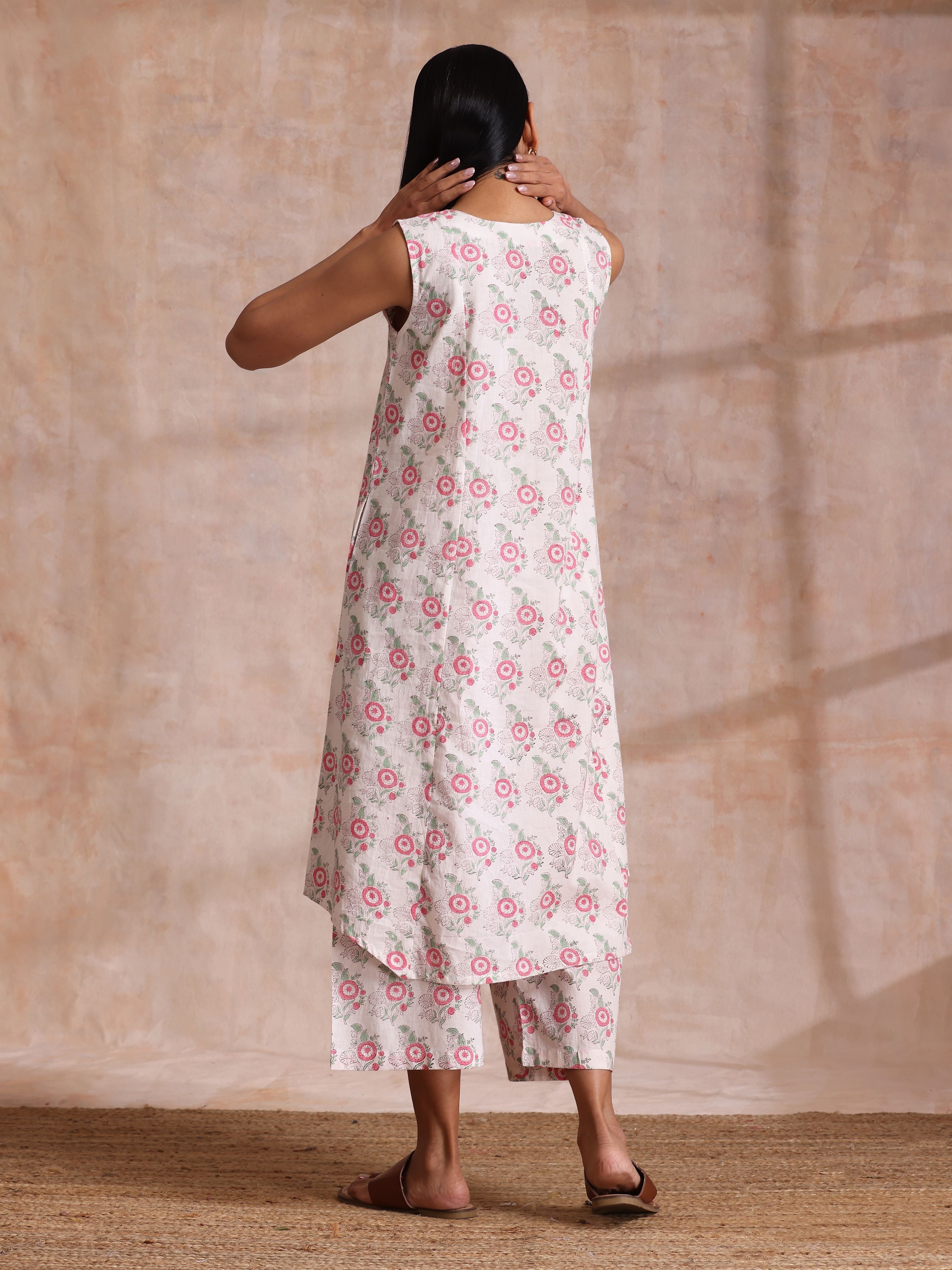 trueBrowns Pink Green Buta On White Block Print Cotton High-Low Co-Ord Set | Grocsy