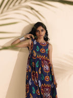 trueBrowns Purple Cotton Ikat Flared Dress | Grocsy