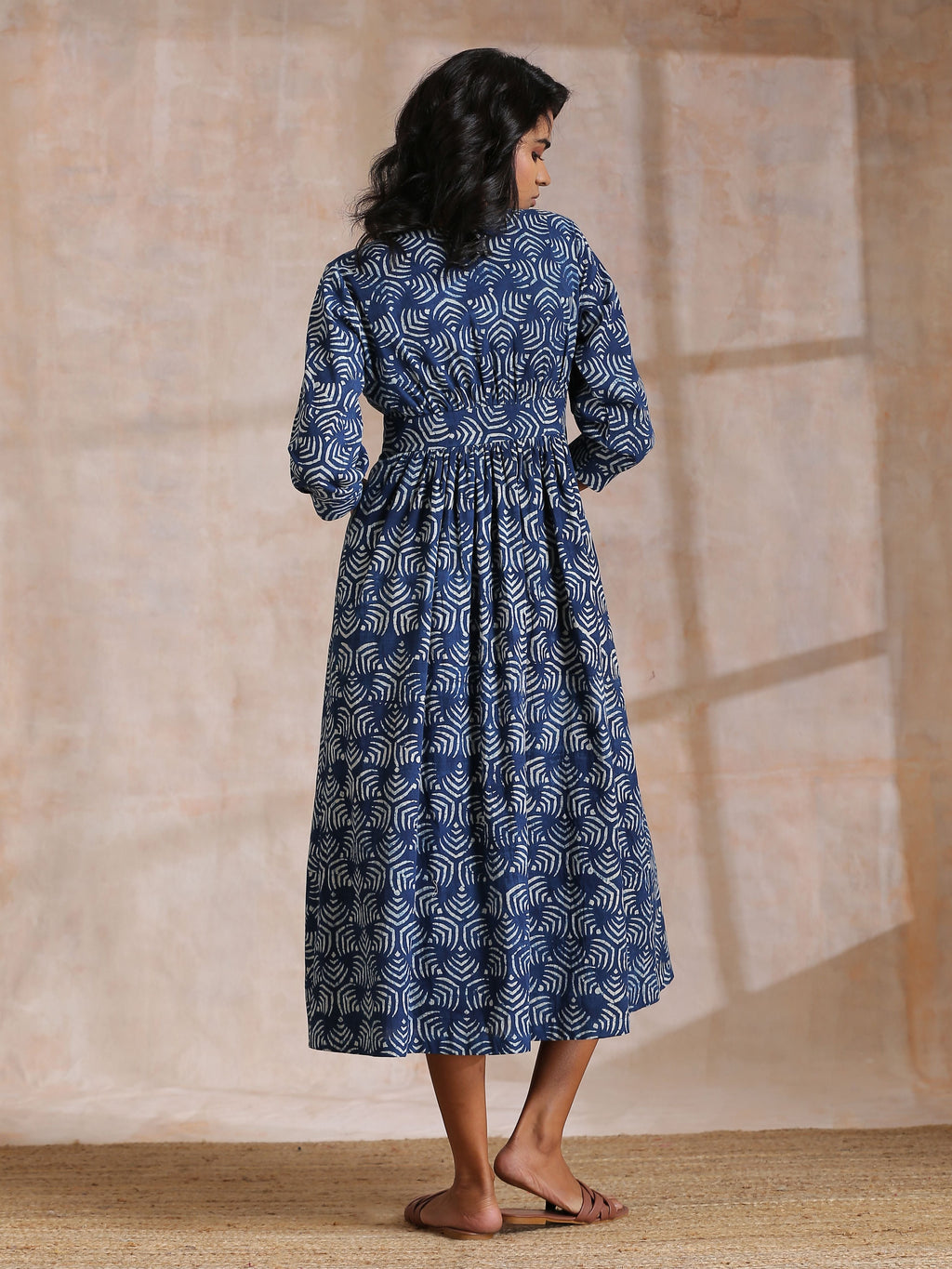 trueBrowns Indigo Dabu Overall Print Cotton Wrap Dress | Grocsy