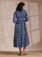 trueBrowns Indigo Dabu Overall Print Cotton Wrap Dress | Grocsy