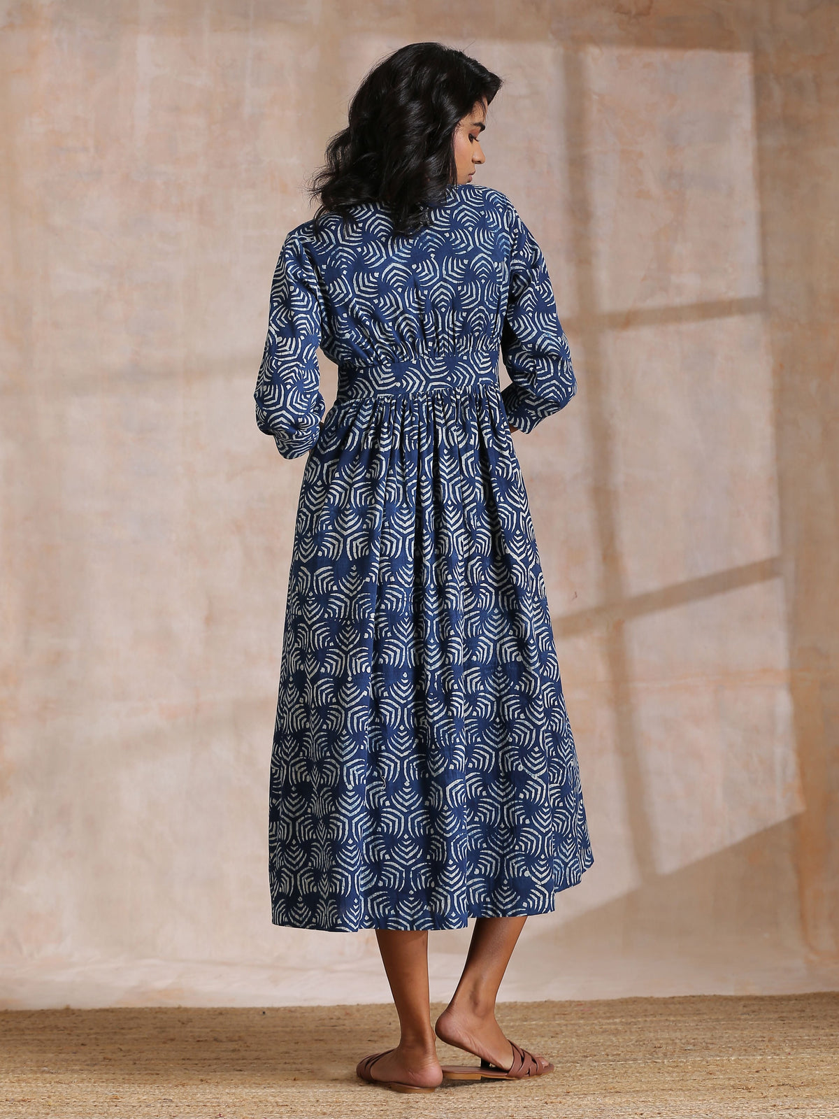 trueBrowns Indigo Dabu Overall Print Cotton Wrap Dress | Grocsy