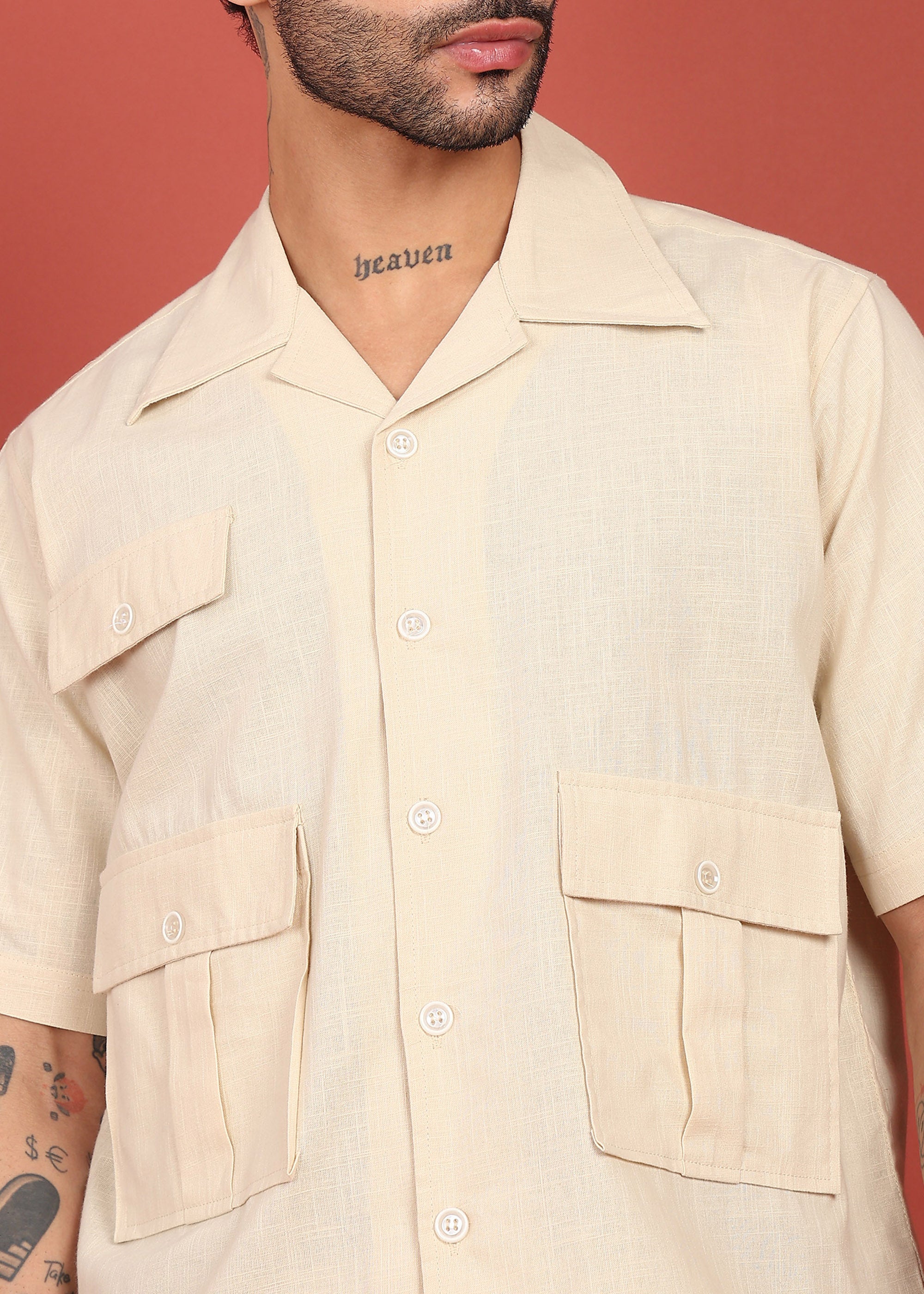 Fabmade Men Beige Cotton Linen Coort-Set Shorts | Grocsy