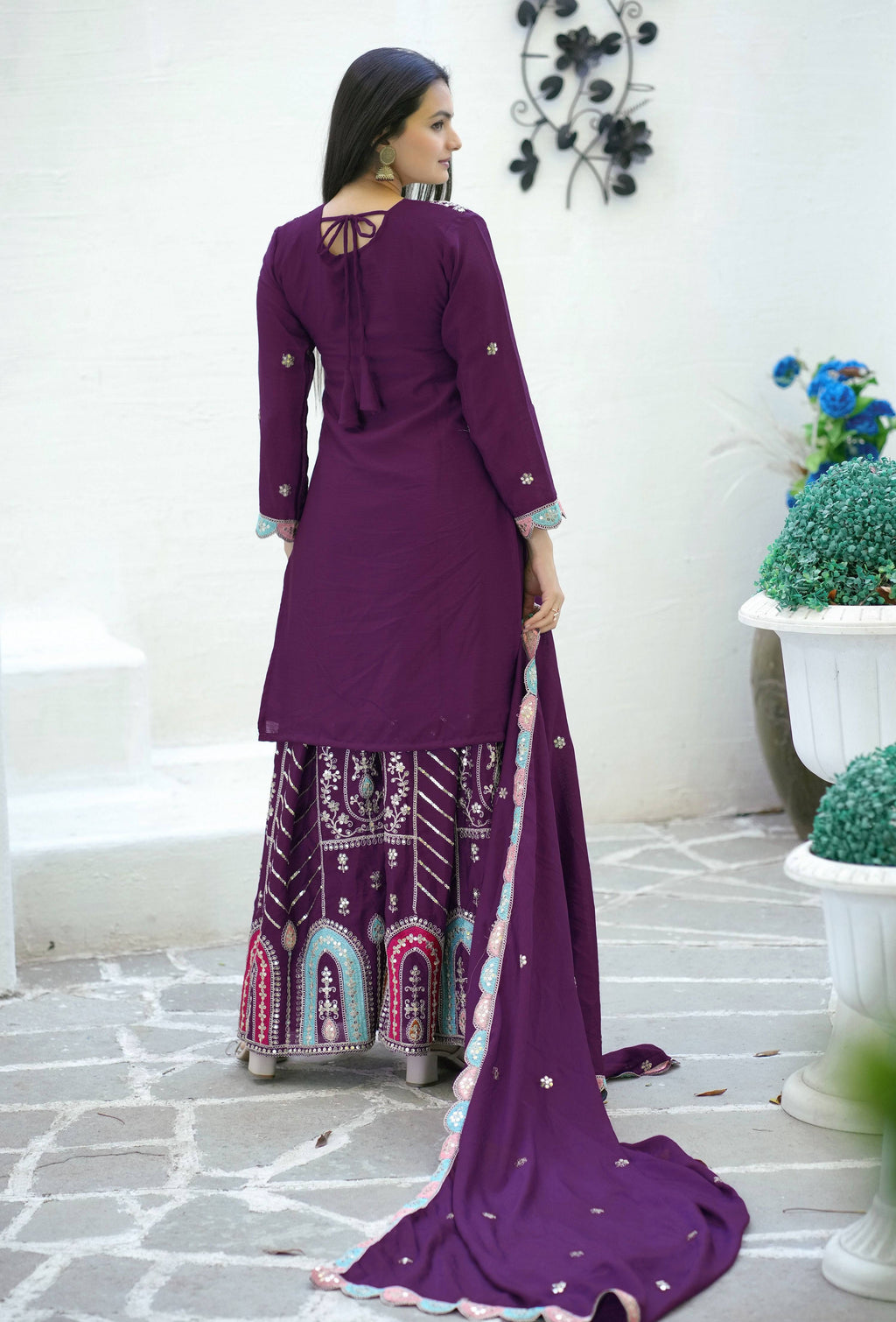 Yash Enterprise Embroidered Chinon With Sequin Maroon Readymade Salwar Suit | Grocsy