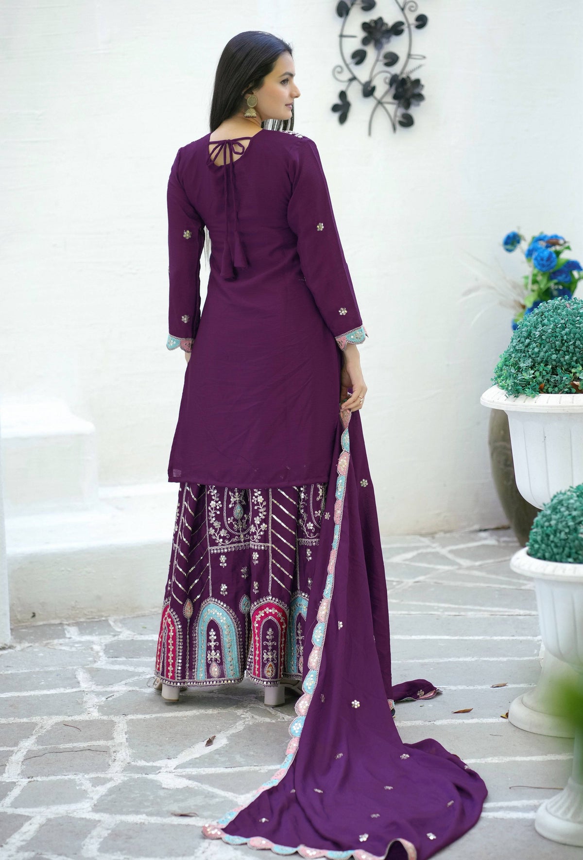 Yash Enterprise Embroidered Chinon With Sequin Maroon Readymade Salwar Suit | Grocsy