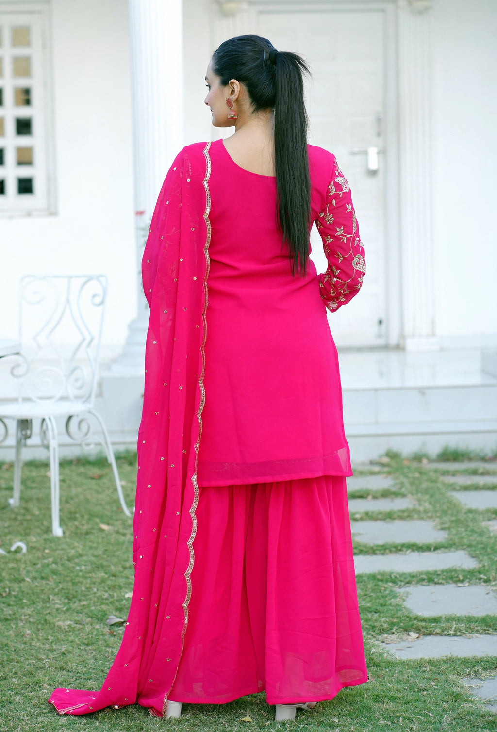 Teeya Creation Pink Color Faux Georgette Heavy Embroidery Work Fully Stitched Sharara Suit | Grocsy