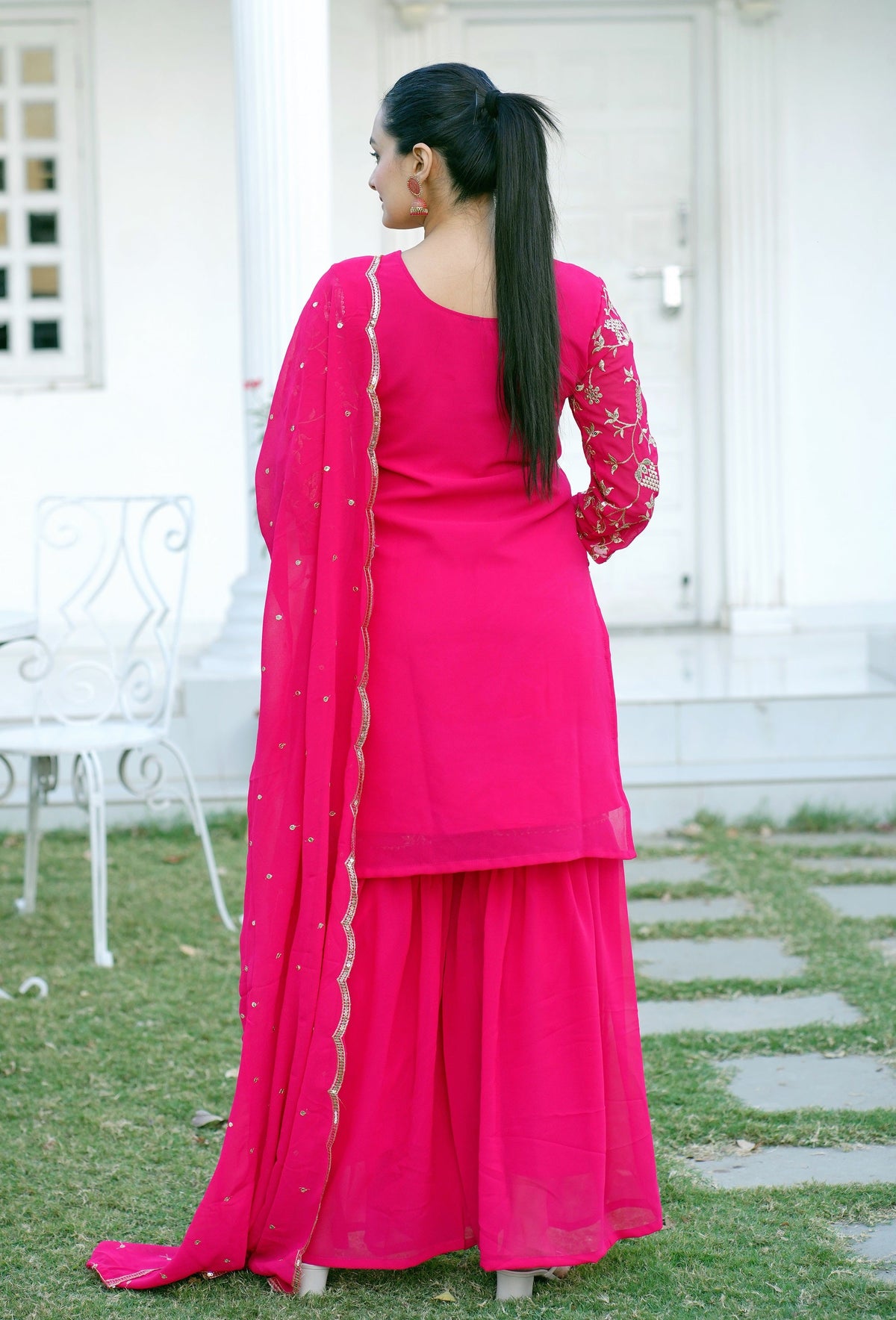 Teeya Creation Pink Color Faux Georgette Heavy Embroidery Work Fully Stitched Sharara Suit | Grocsy