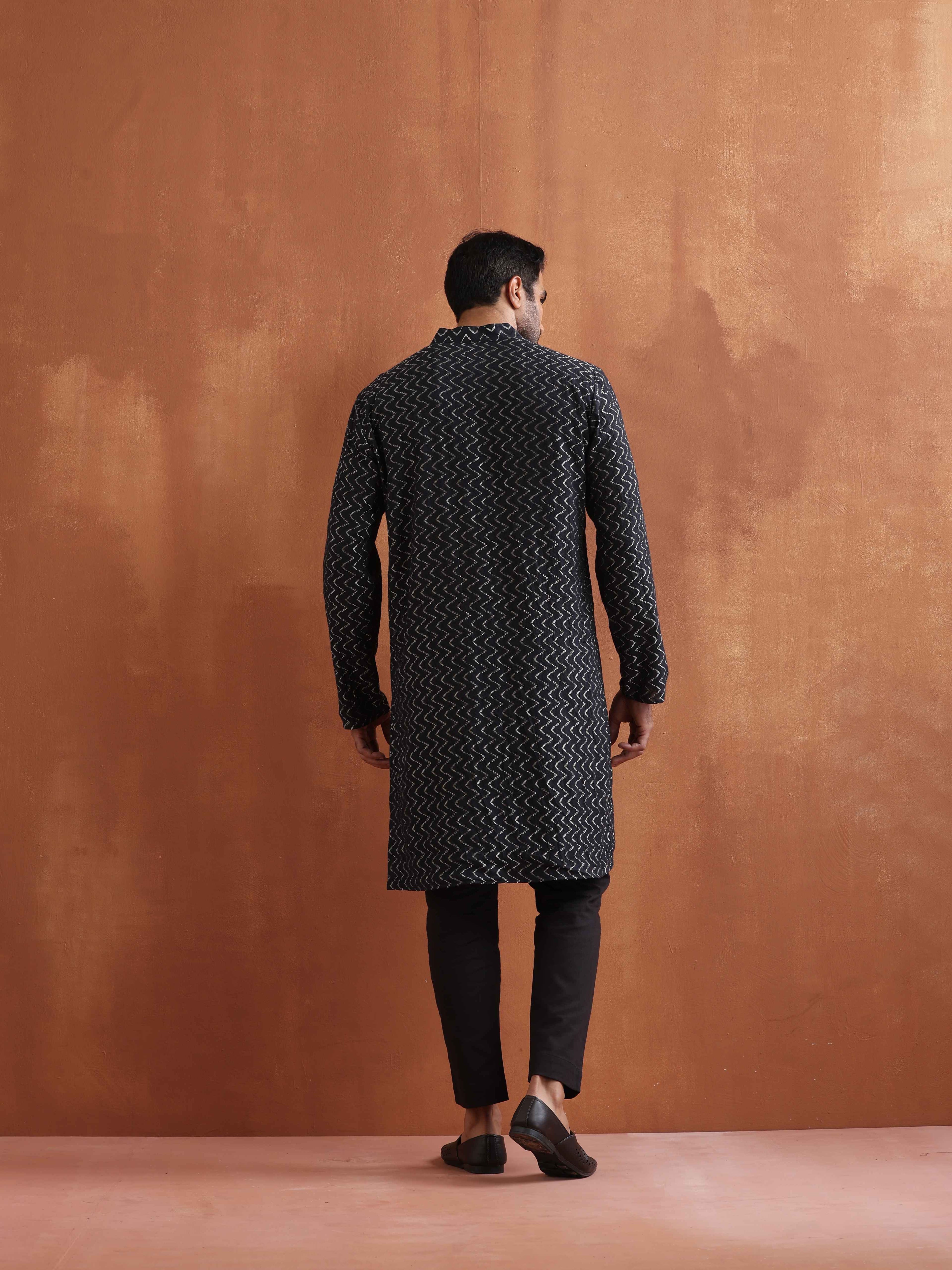 trueBrowns Men's Black Cotton Dobby Kurta | Grocsy