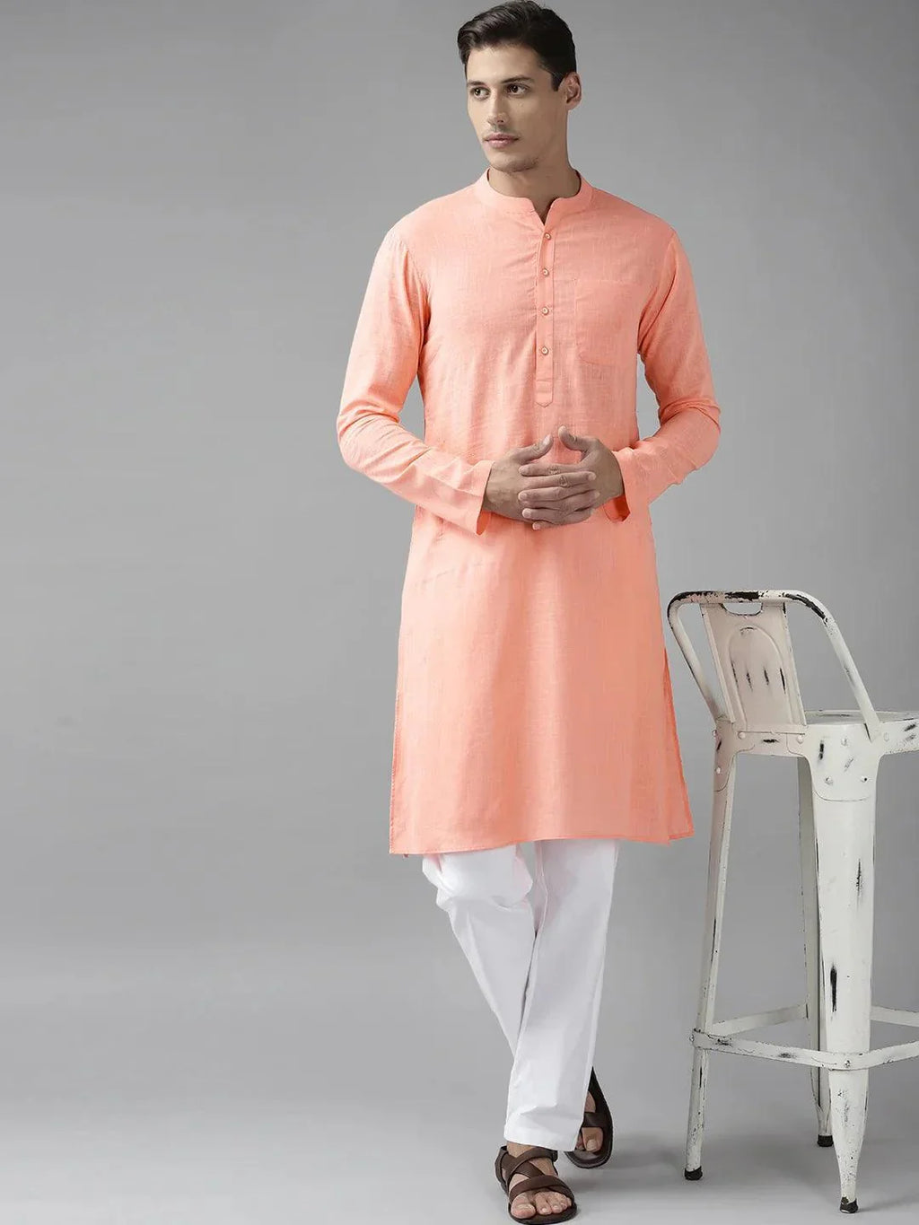 Fabmade Men Peach Cotton Linen Kurta | Grocsy