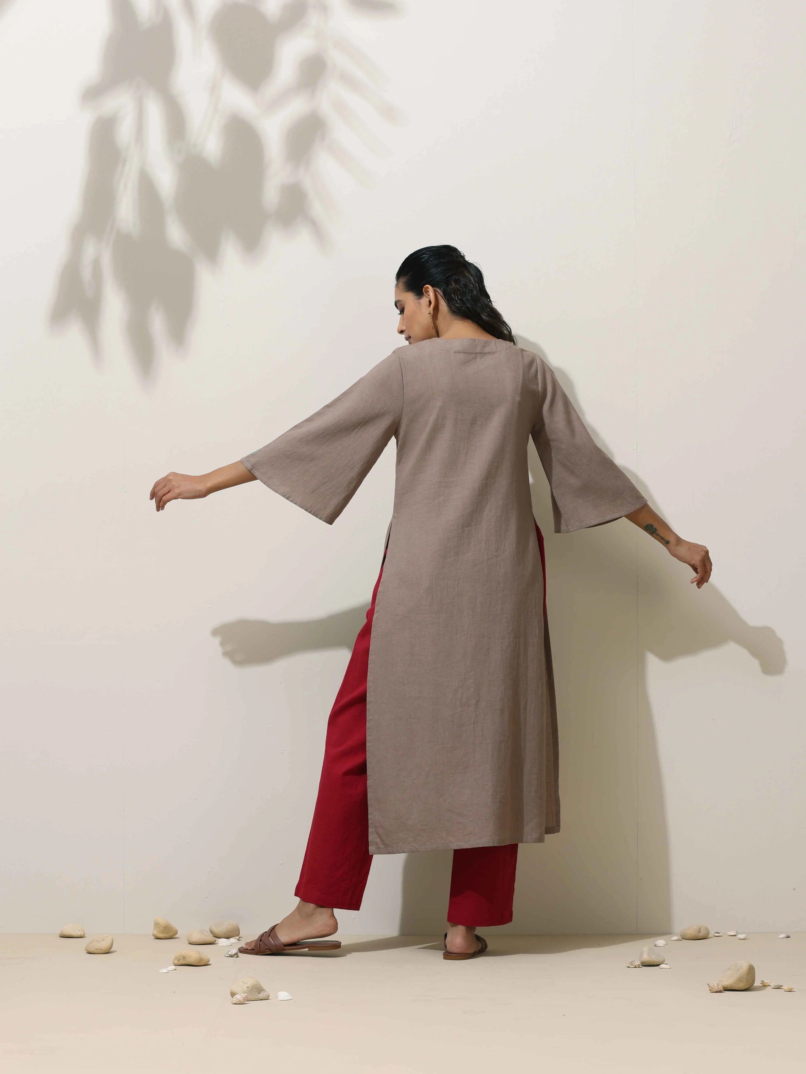 trueBrowns Grey Cotton Linen Kurta Pant Set | Grocsy