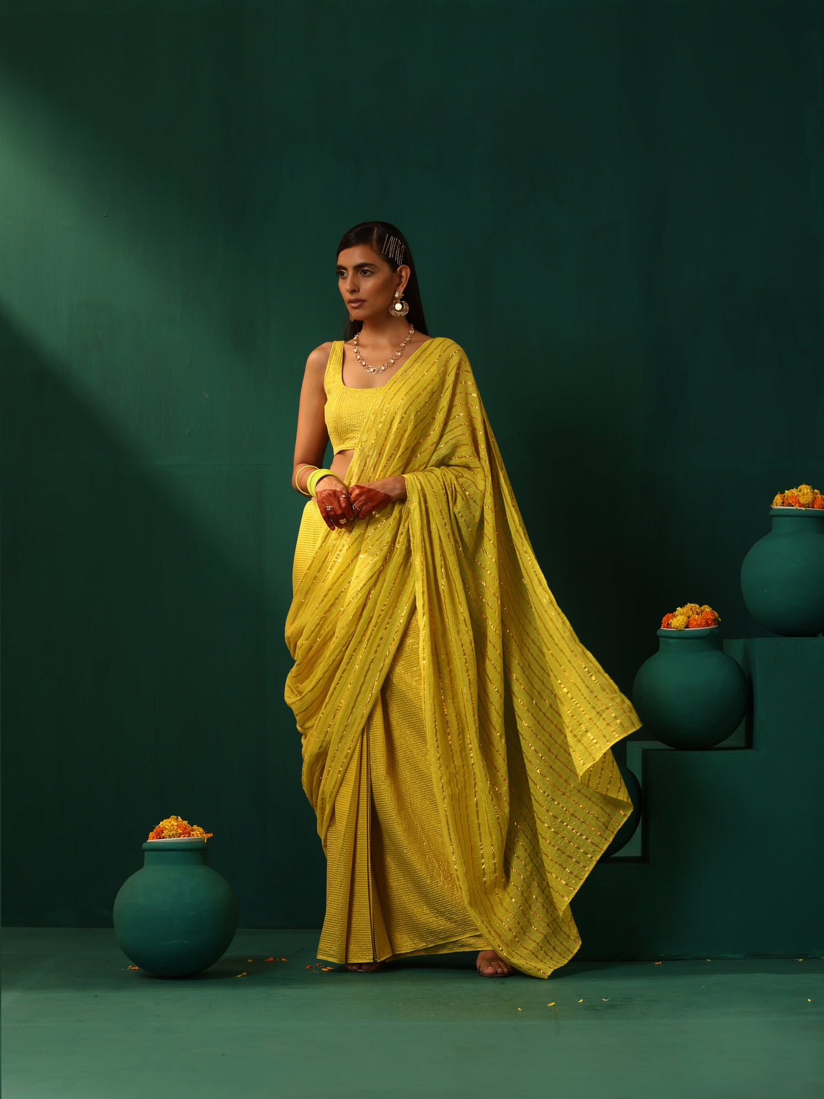 trueBrowns Lime Cotton Gold Lurex Striped Ready to Wear Saree | Grocsy