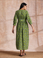 trueBrowns Lime Green Overall Blue Floral Block Print Cotton Wrap Dress | Grocsy