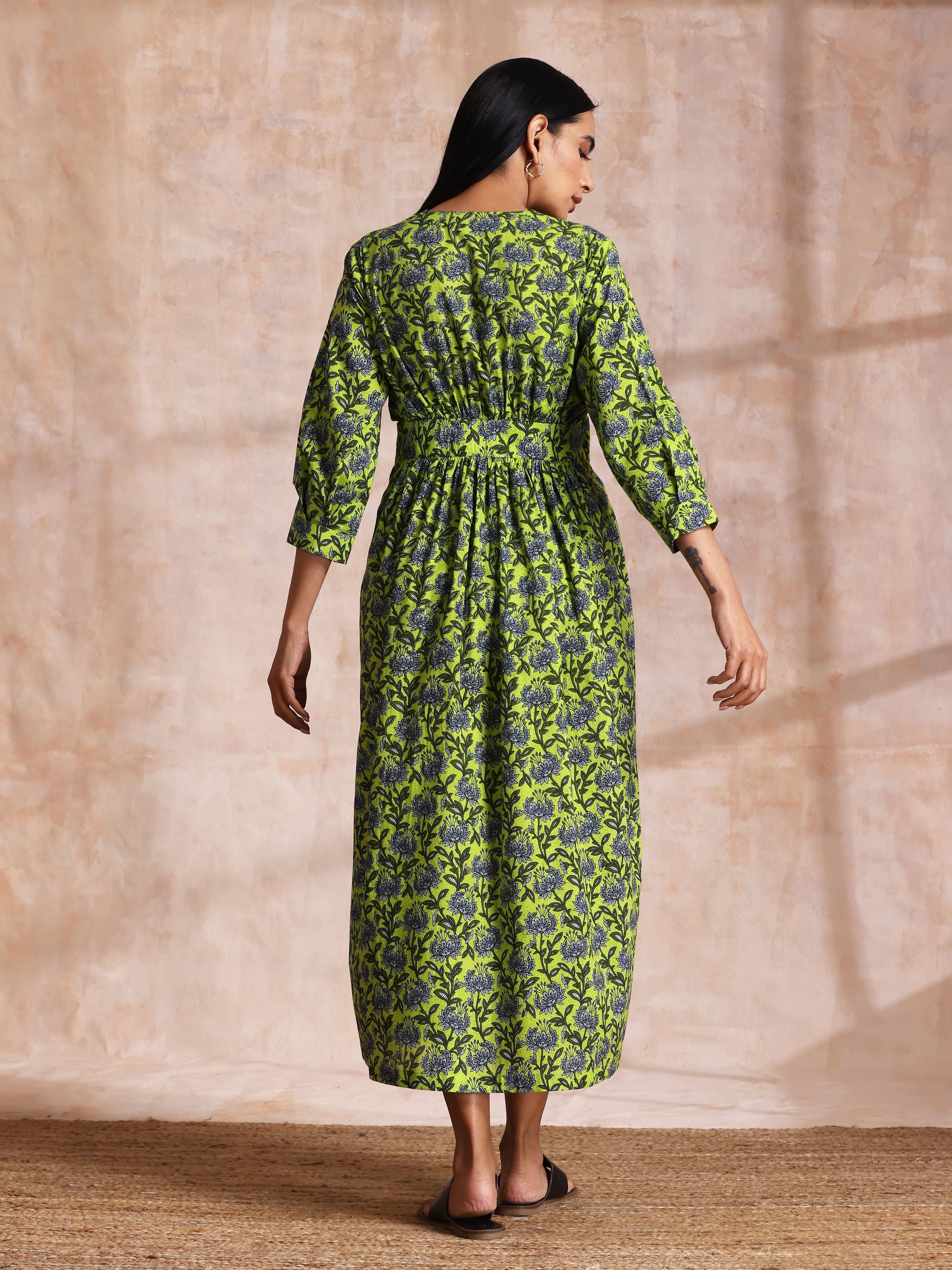 trueBrowns Lime Green Overall Blue Floral Block Print Cotton Wrap Dress | Grocsy