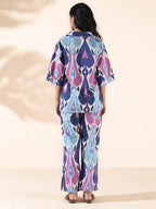 trueBrowns Blue Cotton Ikat V-neck Co-ord Set | Grocsy