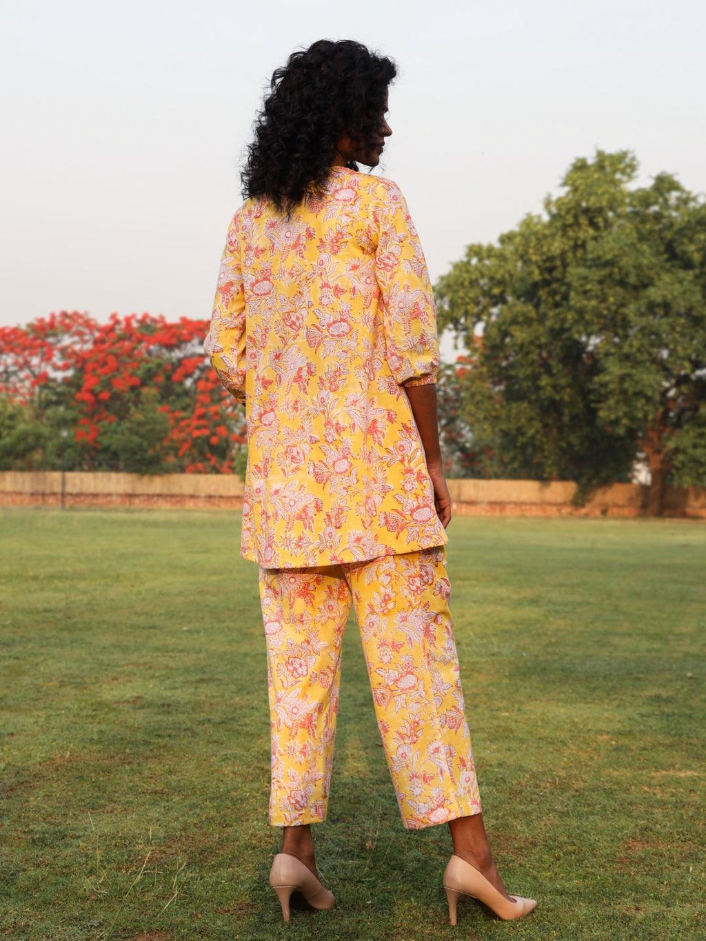 trueBrowns Yellow Cotton Block Print V-Square Neck Co-Ord Set | Grocsy
