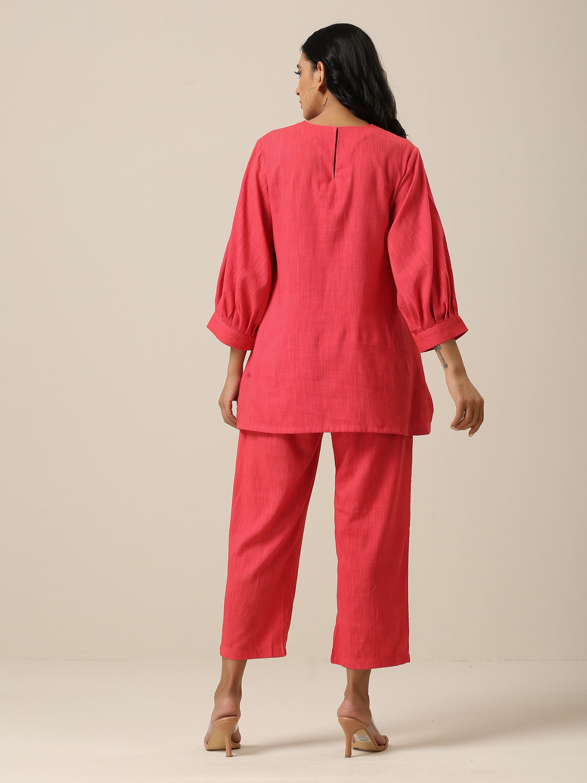 trueBrowns Bright Pink Slub Texture Baggy Sleeve Co-Ord Set | Grocsy