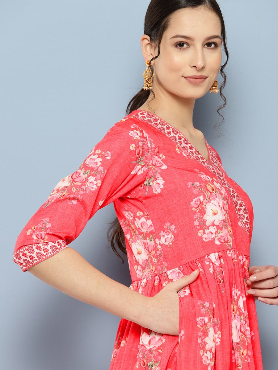 Ahalyaa Floral Printed Pleated Maxi Empire Ethnic Dress | Grocsy
