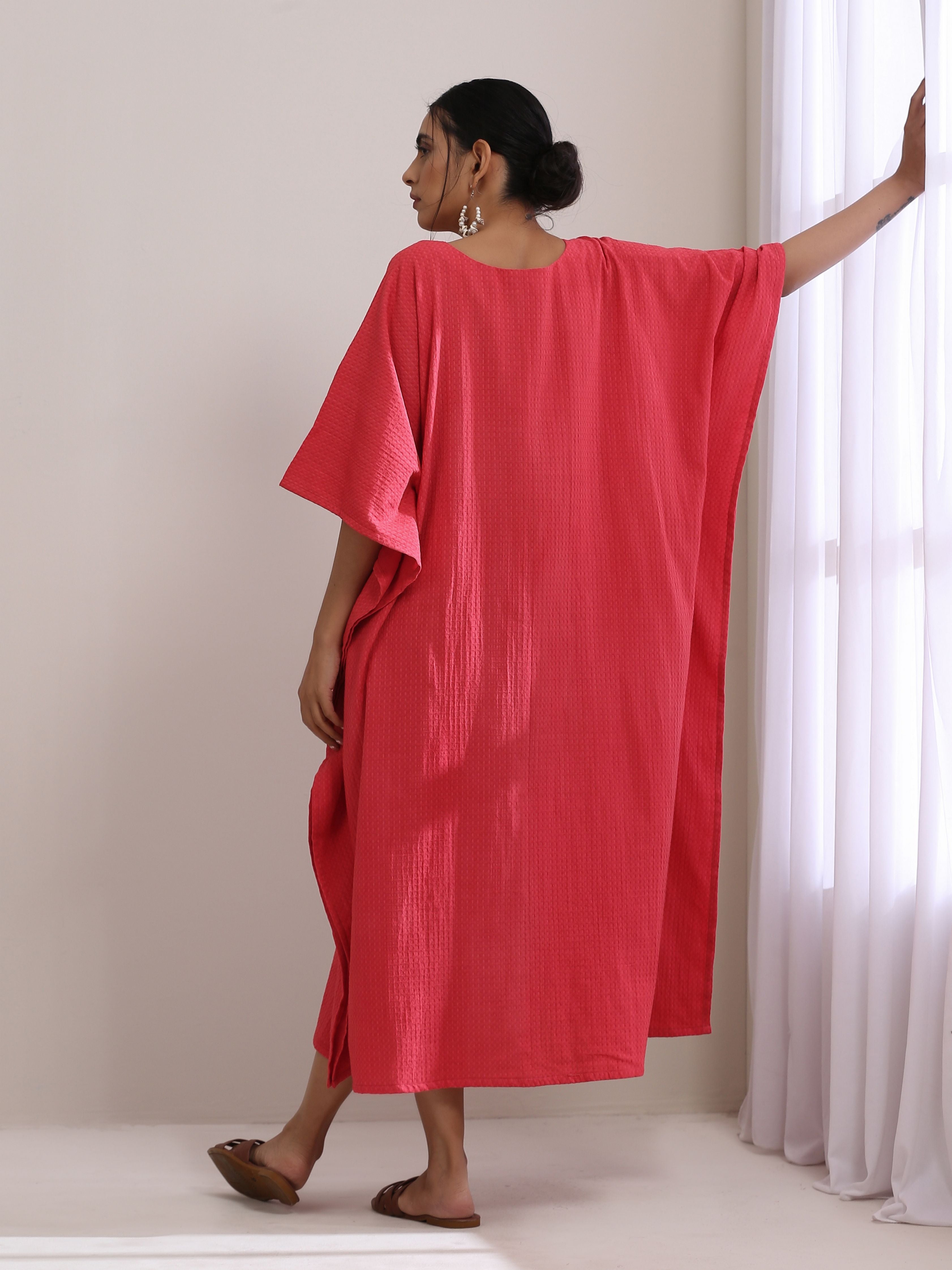 trueBrowns Bright Pink Dobby Kaftan Dress | Grocsy