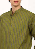 Fabmade Olive Stripe Linen Kurta Set | Grocsy
