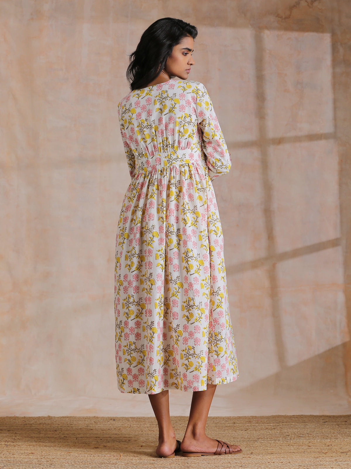 trueBrowns Pink Yellow Floral On White Block Print Cotton Wrap Dress | Grocsy