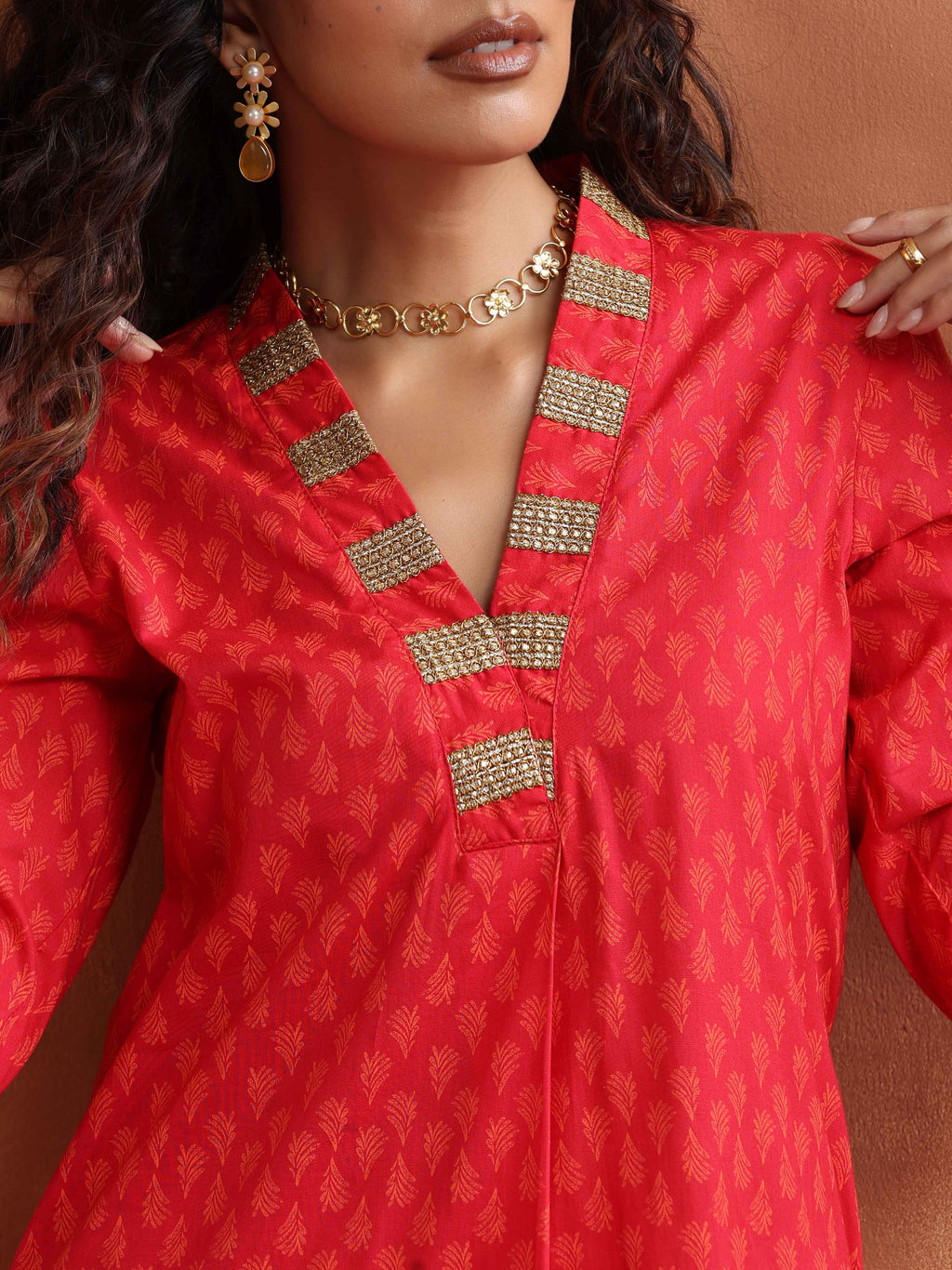 trueBrowns Red Print A-line Kurta Set | Grocsy