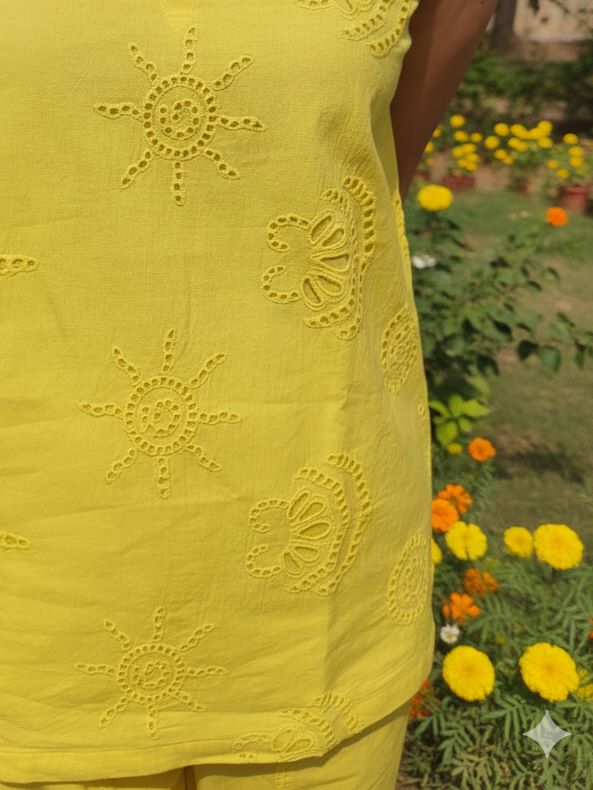 Myshka Women Yellow Schiffili Sleeveless Top | Grocsy