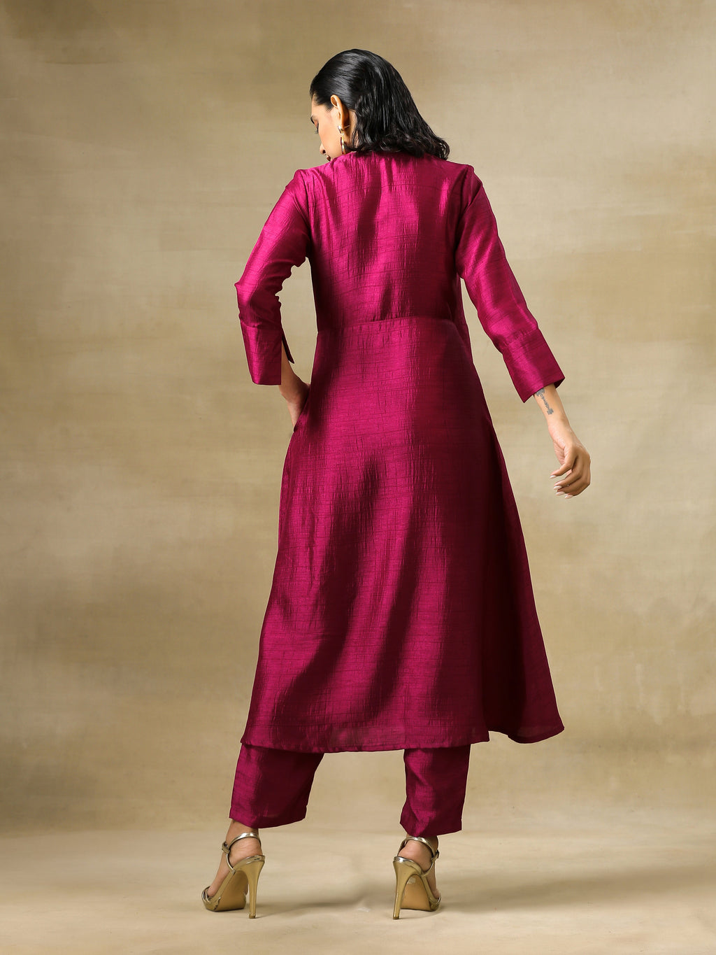 trueBrowns Purple Textured Silk Angrakha Kurta Pant Set | Grocsy
