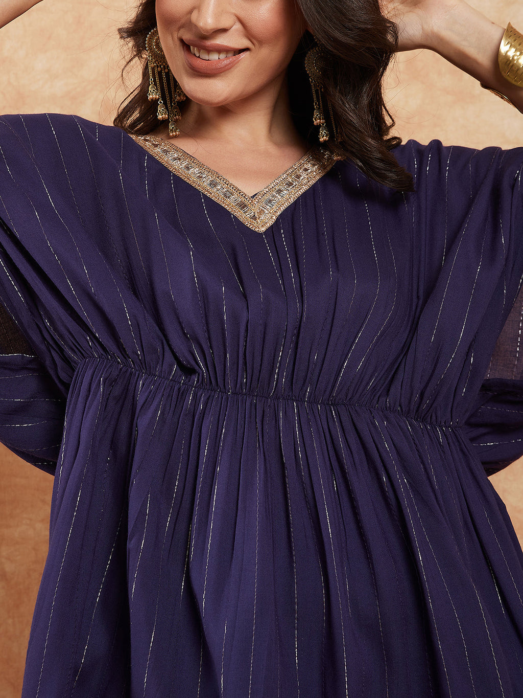 InWeave Women's Royal Blue Lurex V Neck Gota Kaftan Style Kurta Set | Grocsy