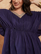 InWeave Women's Royal Blue Lurex V Neck Gota Kaftan Style Kurta Set | Grocsy