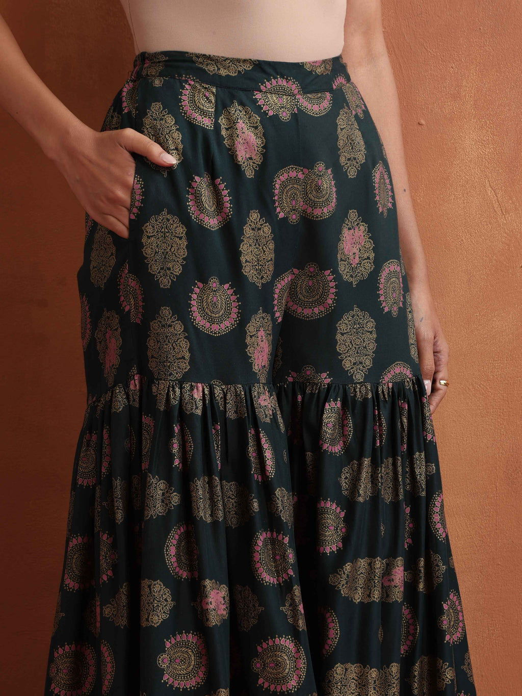 trueBrowns Green Foil Print Sharara Set | Grocsy