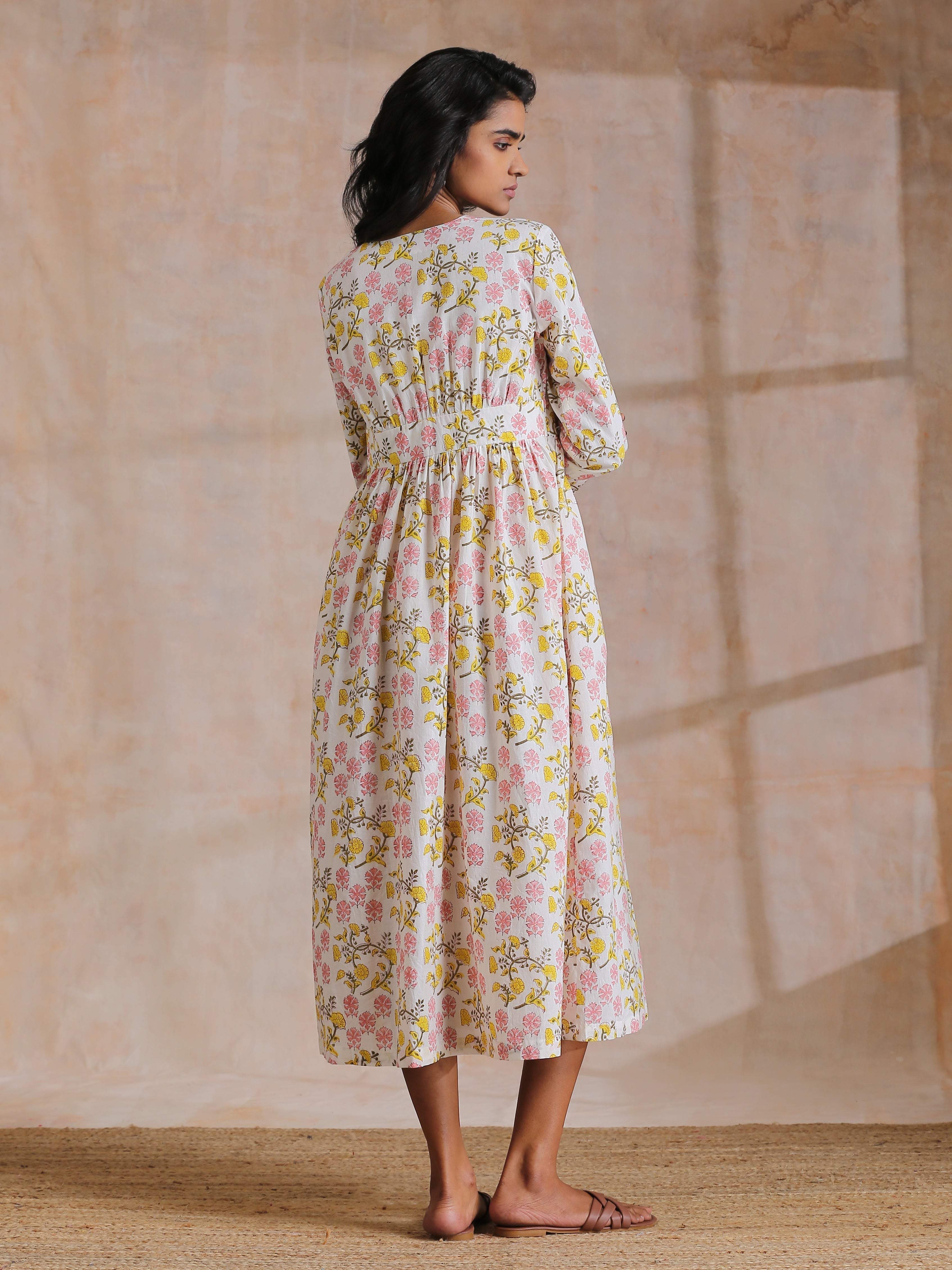 trueBrowns Pink Yellow Floral On White Block Print Cotton Wrap Dress | Relove | Grocsy