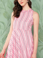 InWeave Women's Pink Kantha Striped Kurta Set | Grocsy