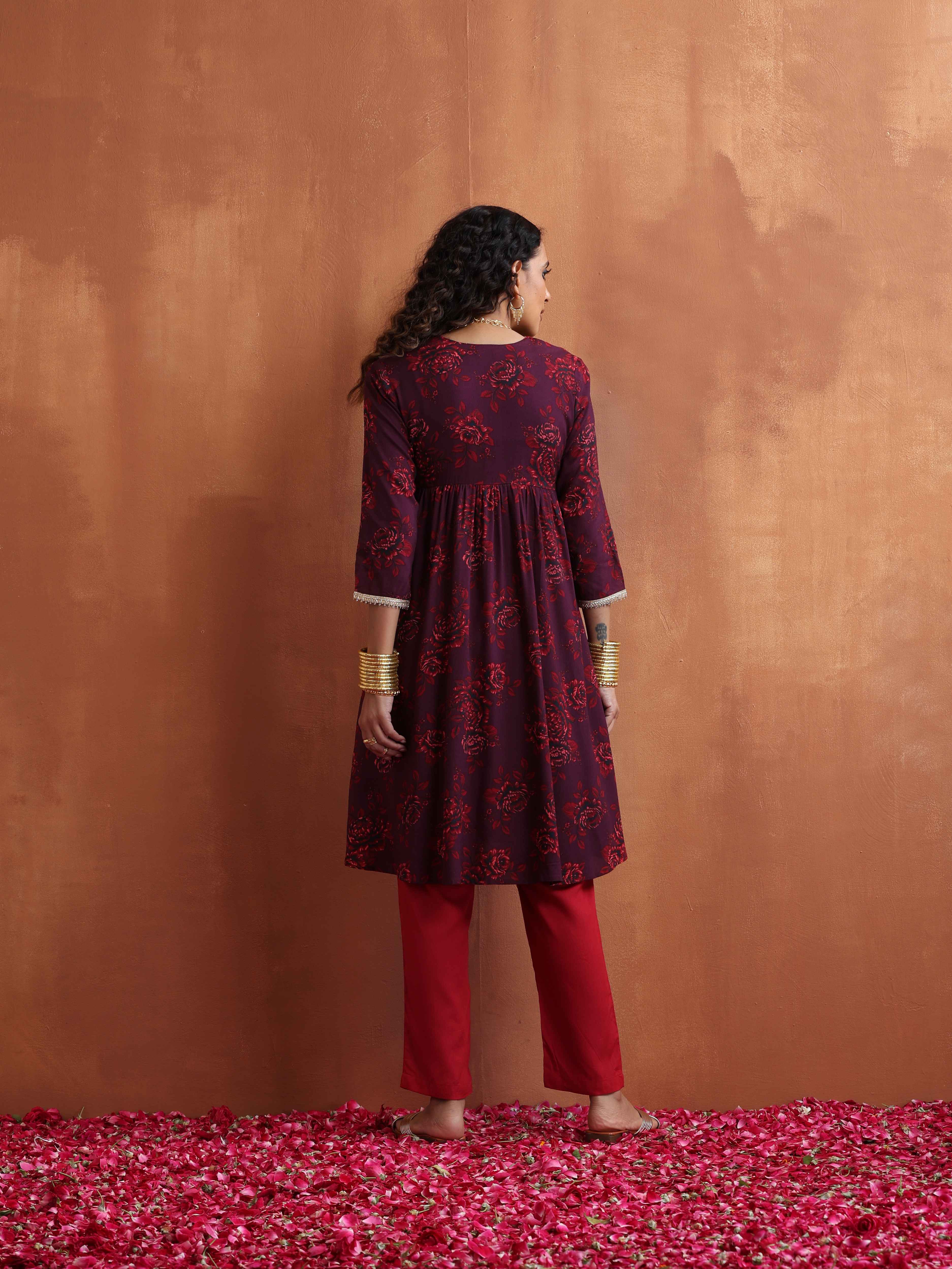 trueBrowns Purple Floral Print Anarkali Kurta Co-ord Set | Grocsy