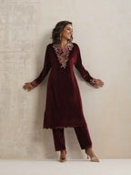 trueBrowns Maroon Velvet Floral Embroidered Kurta Pant Dupatta Set | Grocsy