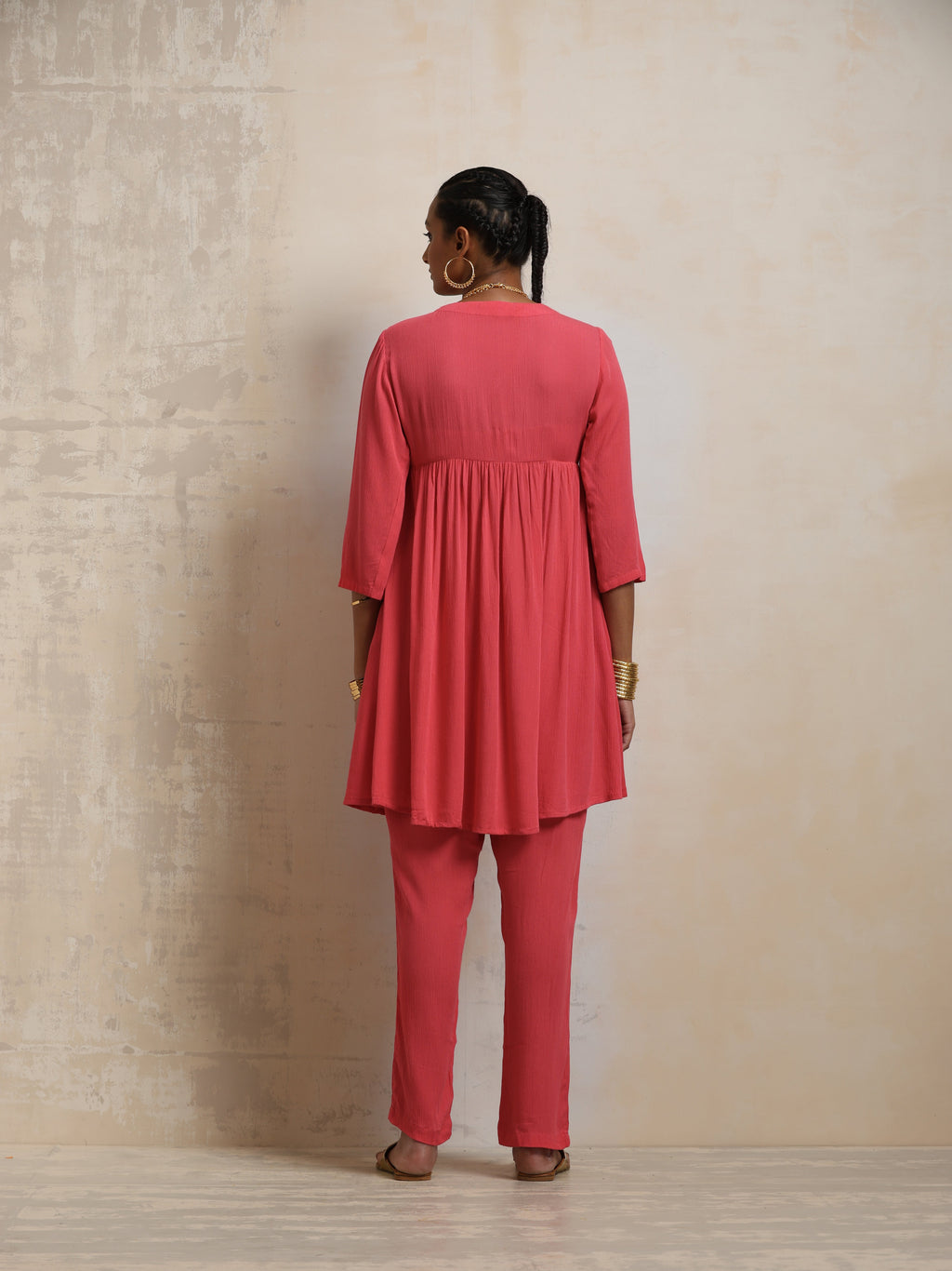 trueBrowns Peach Crinkle Flared Kurta Co-ord Set | Grocsy