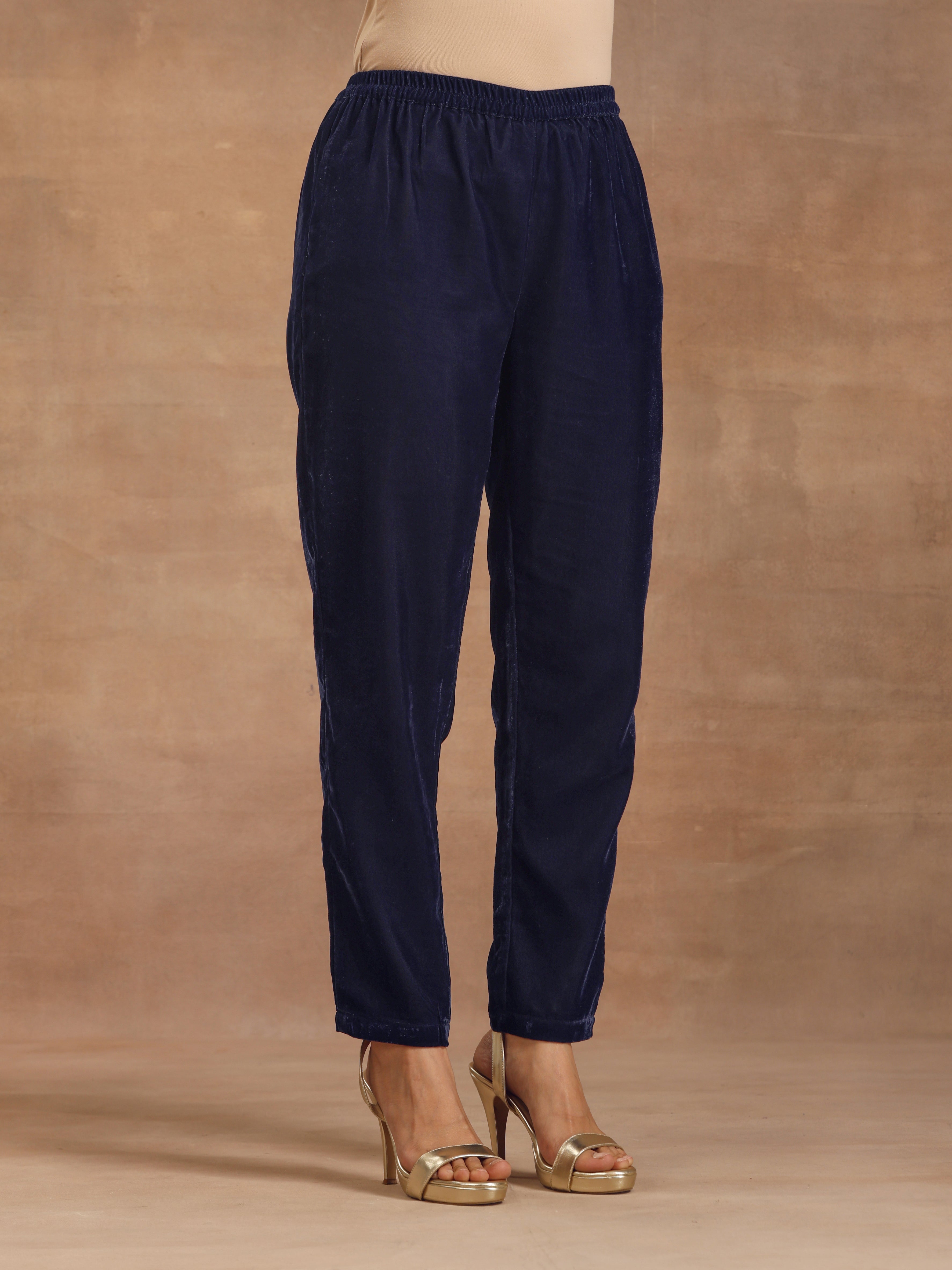 trueBrowns Midnight Blue Velvet Solid Co-ord Set | Grocsy