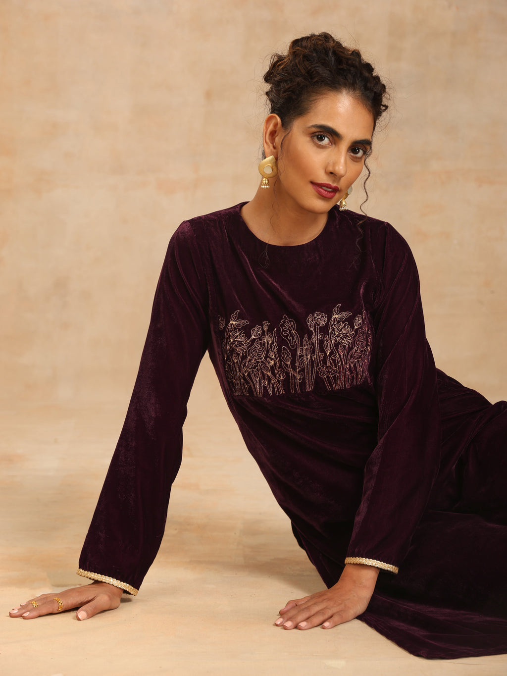 trueBrowns Wine Velvet Yoke Embroidered Kurta | Grocsy
