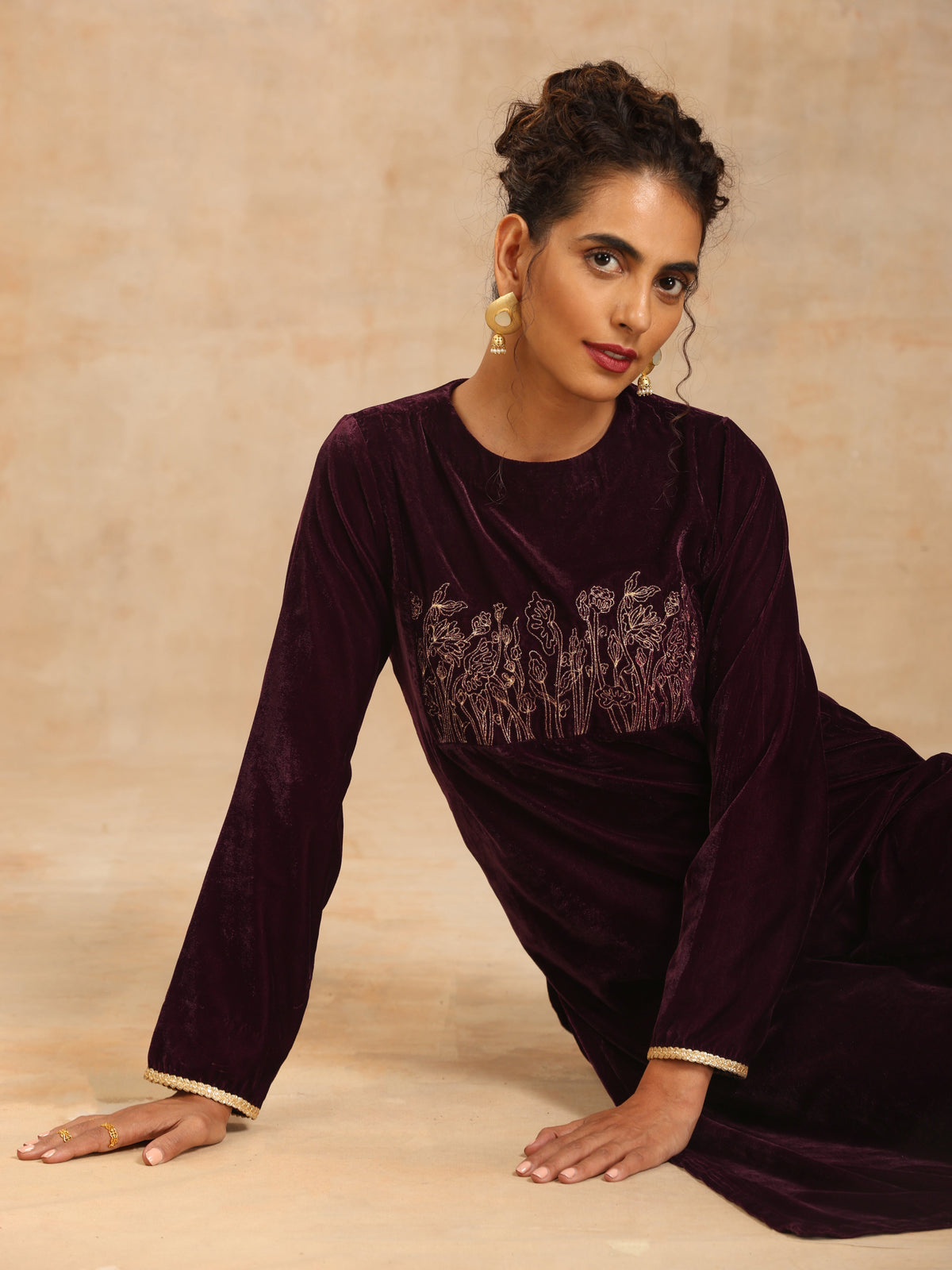 trueBrowns Wine Velvet Yoke Embroidered Kurta | Grocsy