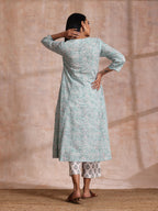 trueBrowns Tiffany Blue Floral Block Print Cotton Front Neck Gathered Kurta Pant Set | Grocsy