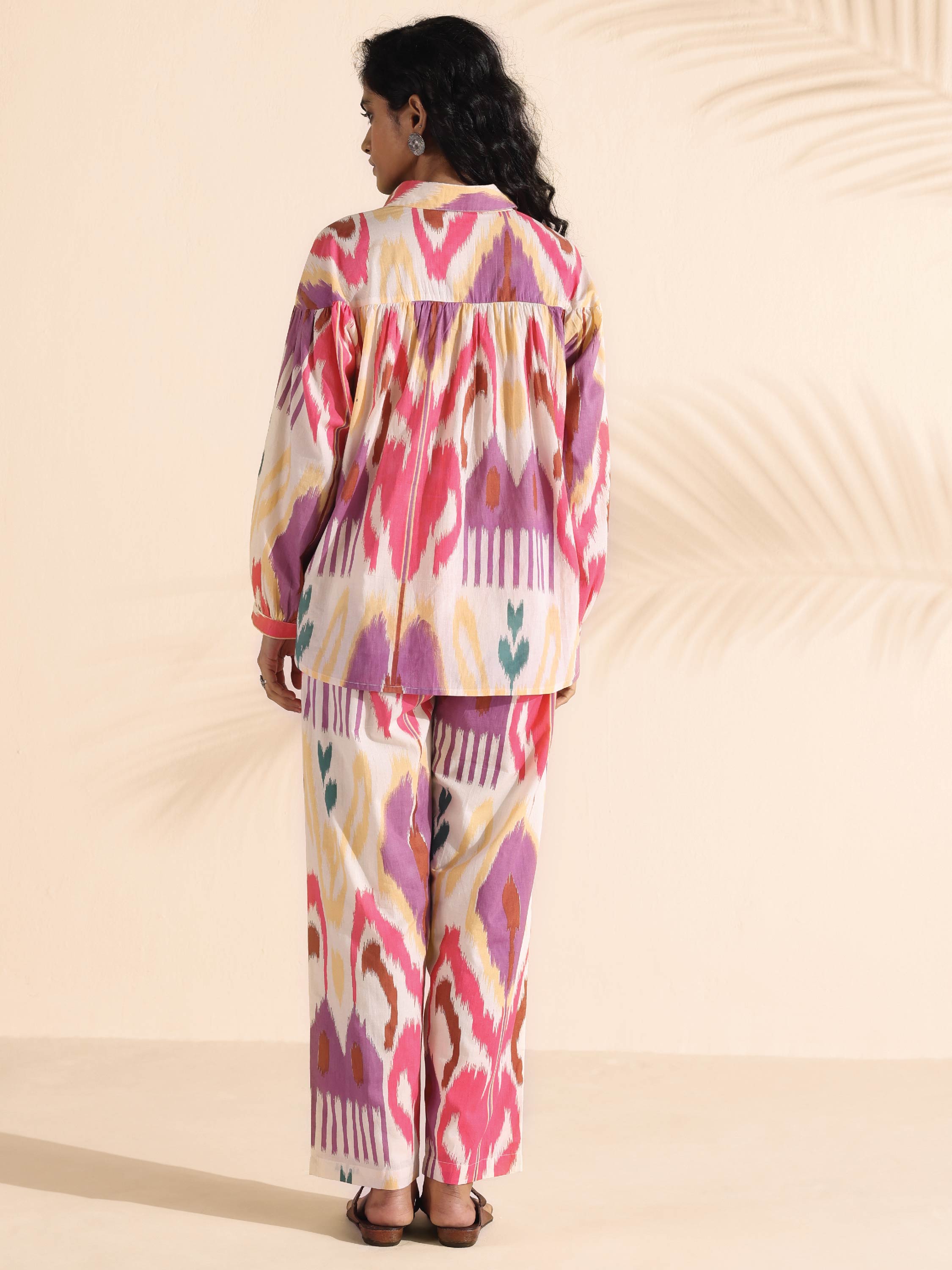 trueBrowns Pink Cotton Ikat Shirt Co-ord Set | Grocsy